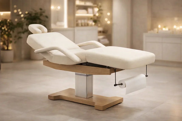 Table massage professionnelle blanche avec structure bois dans un cabinet spa luxe