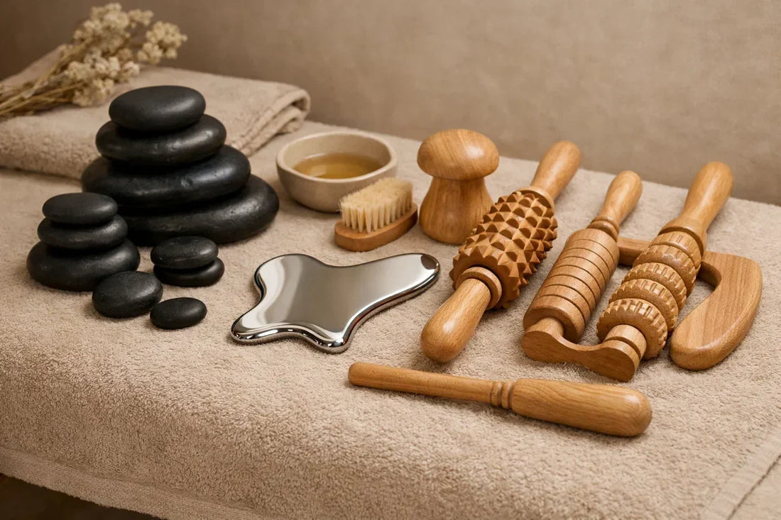Table de massage professionnelle équipée de coussins, housse et appui-tête, madérothérapie et pièrres-chaudes