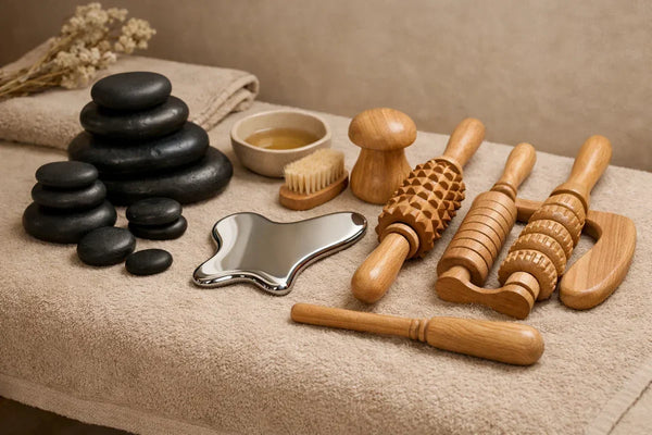 Table de massage professionnelle équipée de coussins, housse et appui-tête, madérothérapie et pièrres-chaudes