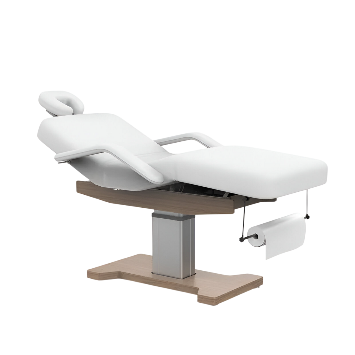 Table de massage électrique fixe blanche avec repose-tête ajustable et structure bois - Vue isométrique