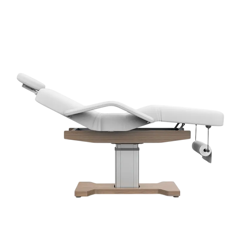 Table de massage électrique fixe blanche avec dossier inclinable et structure bois - Vue isométrique
