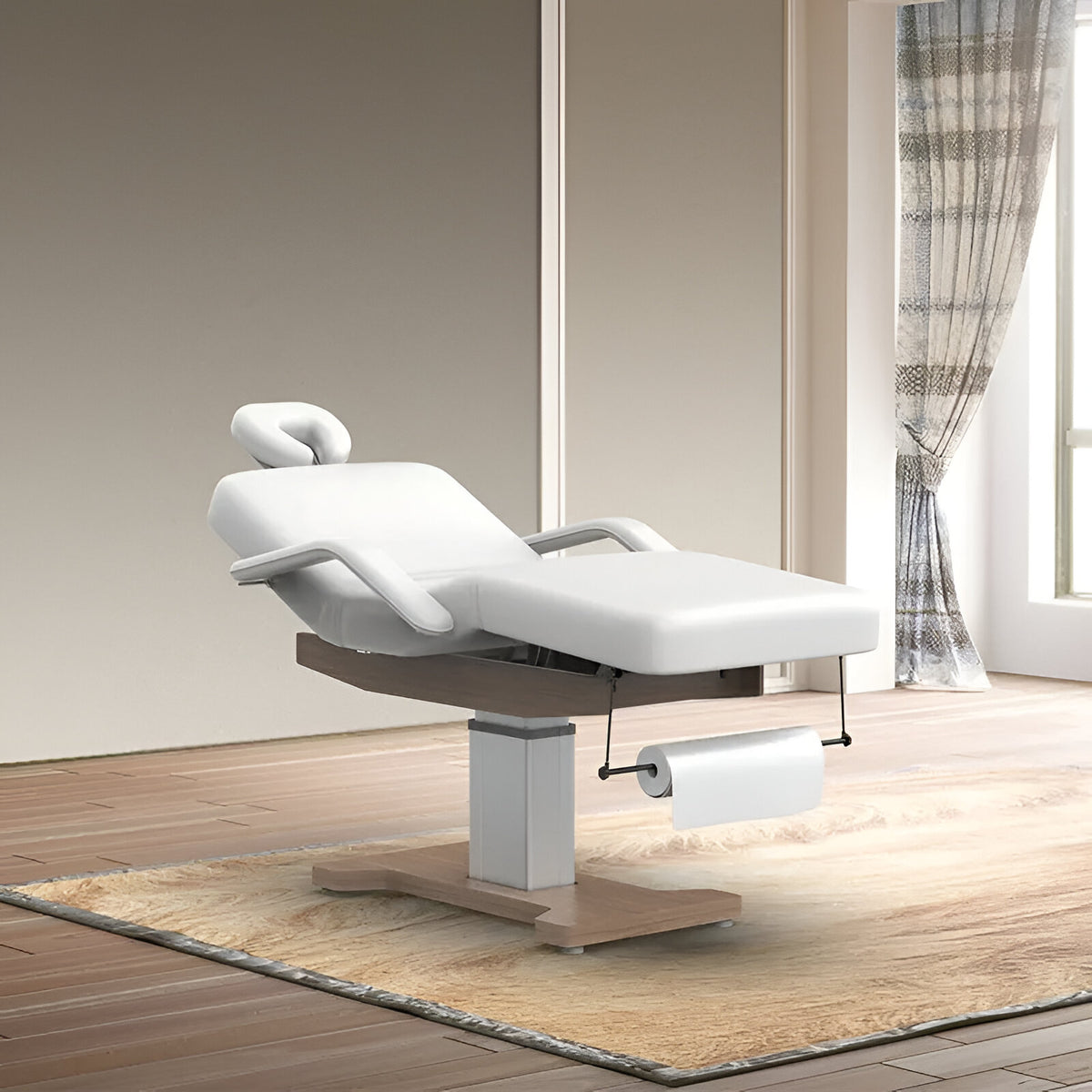 Table de massage électrique fixe blanche en environnement professionnel - Ambiance spa moderne avec rangement rouleau