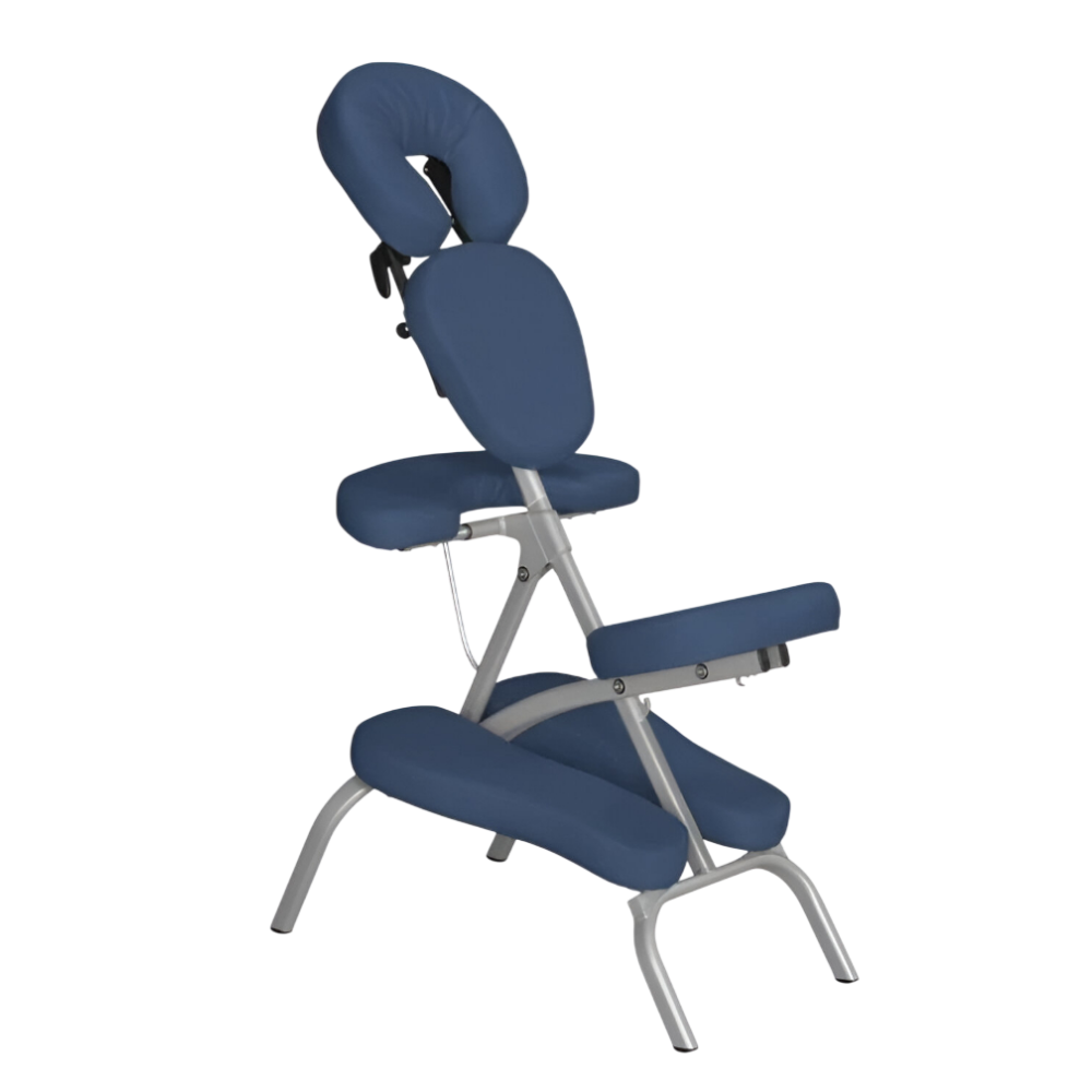 Chaise de massage ergonomique bleu foncé avec structure blanche - Assise et dossier ajustables pour massage assis