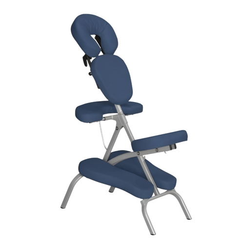 Chaise de massage ergonomique bleu foncé avec structure blanche - Assise et dossier ajustables pour massage assis