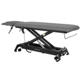 Table de massage électrique fixe grise avec repose-tête et structure noire - Vue isométrique