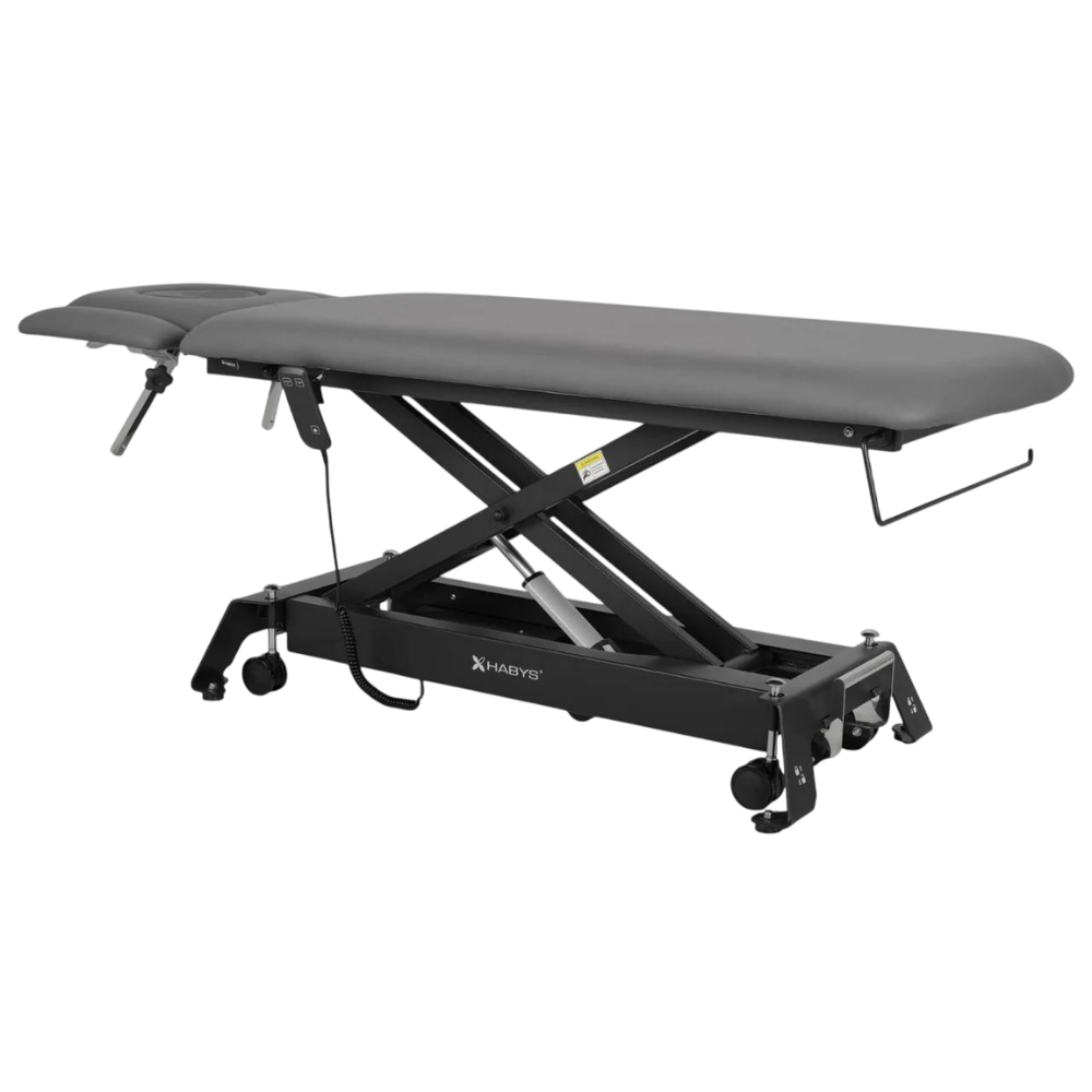Table de massage électrique fixe grise avec repose-tête et structure noire - Vue isométrique