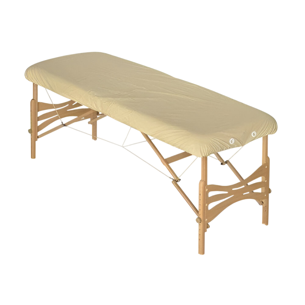 Table de massage pliante portable crème avec structure bois et housse non-tissé - Vue isométrique
