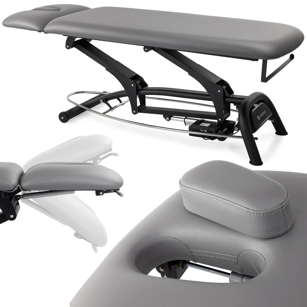 Table de massage électrique fixe grise avec repose-tête ajustable et accessoires coussin amovible