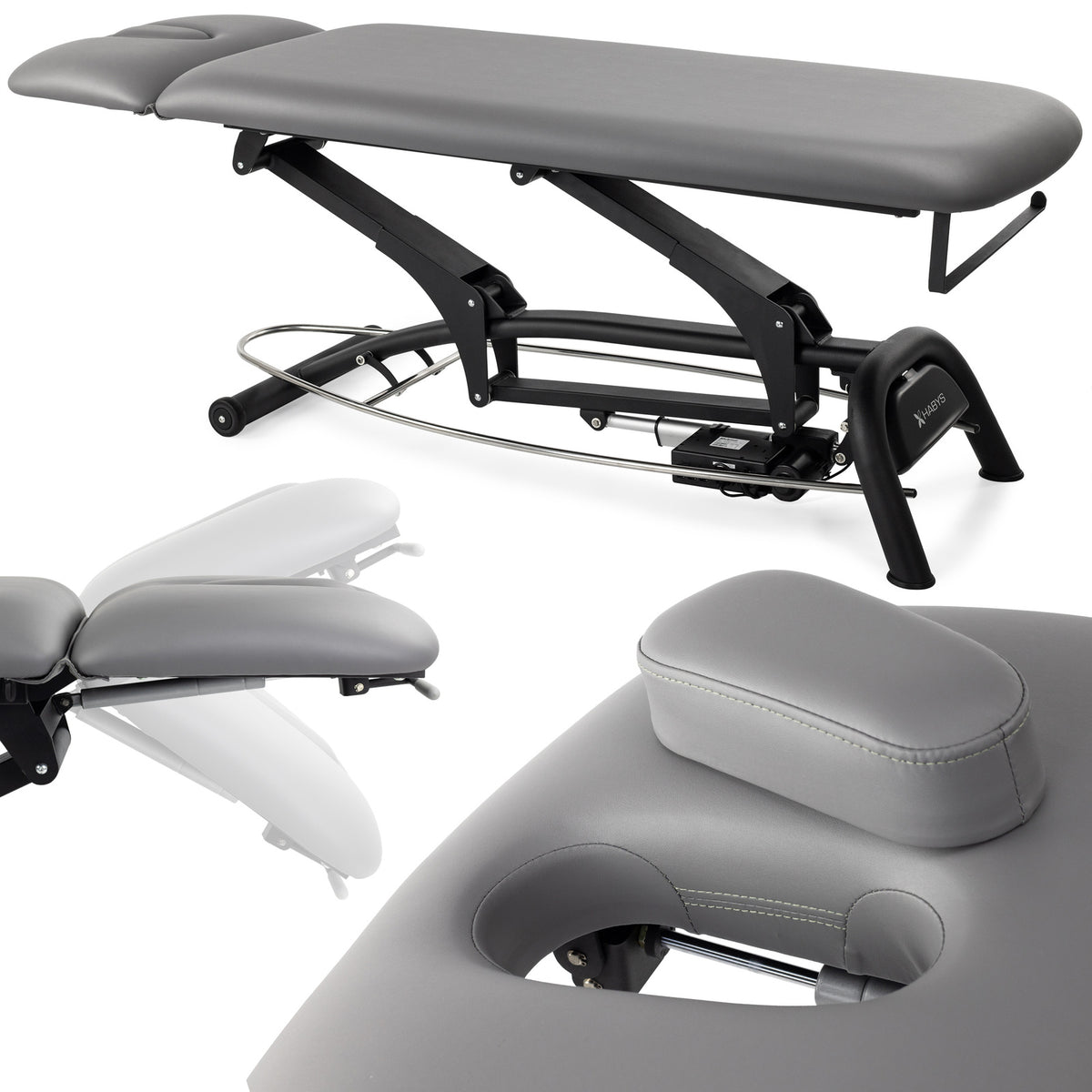 Table de massage électrique fixe grise avec repose-tête ajustable et accessoires coussin amovible