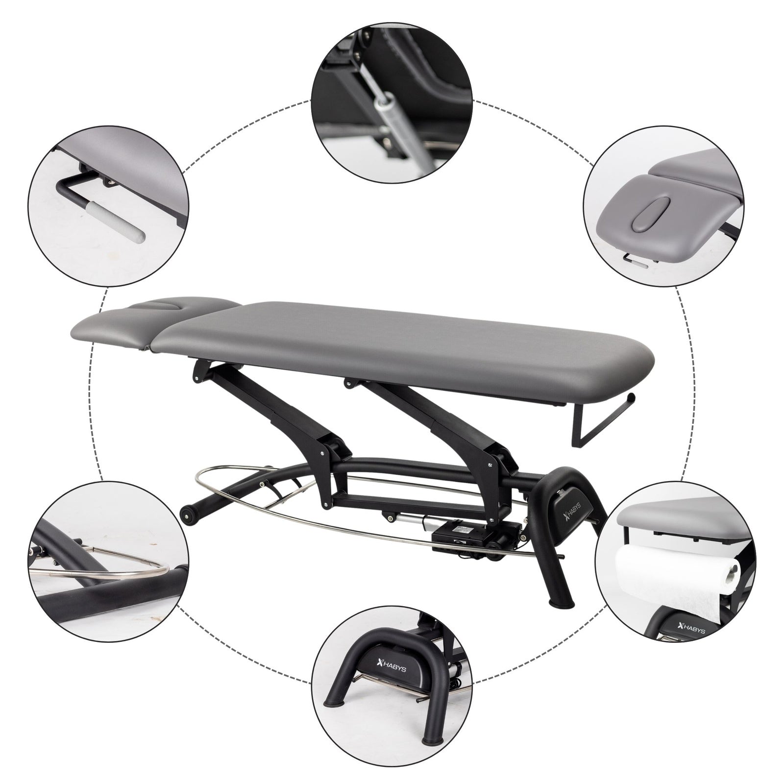 Table de massage électrique fixe grise - Vue d'ensemble avec détails des accessoires et fonctionnalités