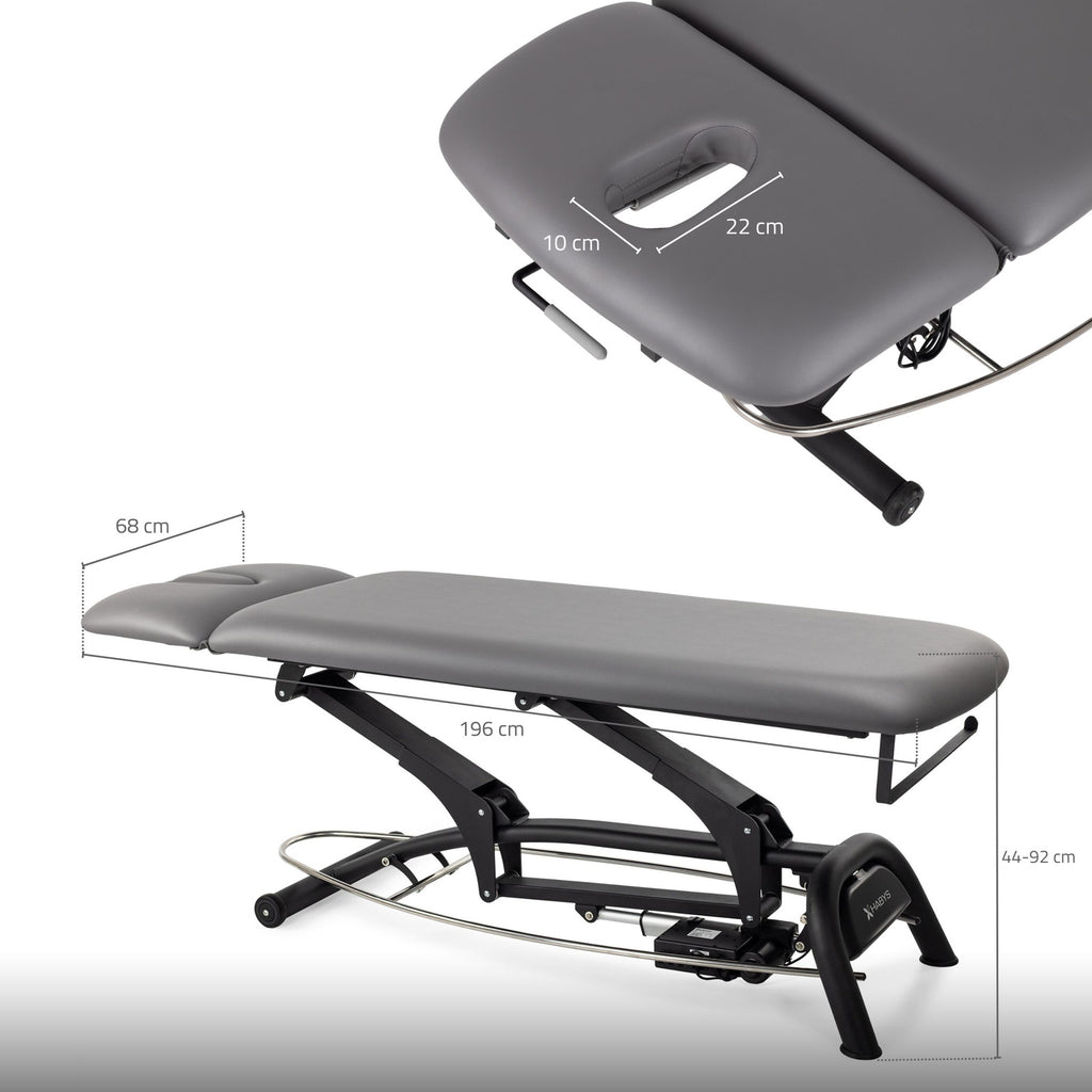 Table de massage électrique fixe grise - Dimensions détaillées avec mesures du repose-tête et surface