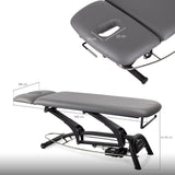 Table de massage électrique fixe grise - Dimensions détaillées avec mesures du repose-tête et surface