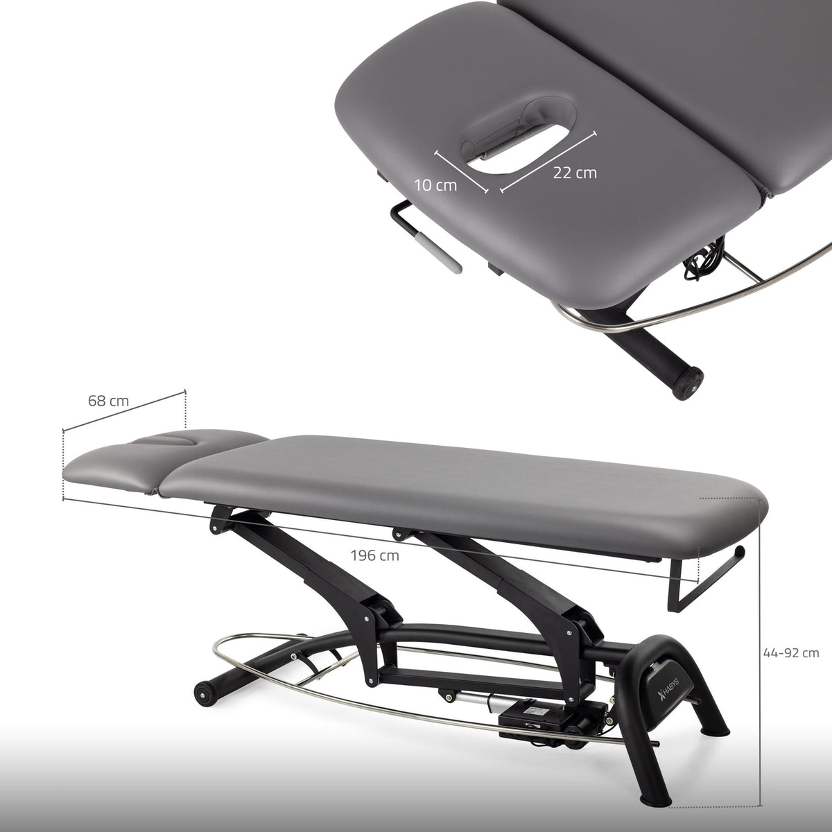 Table de massage électrique fixe grise - Dimensions détaillées avec mesures du repose-tête et surface