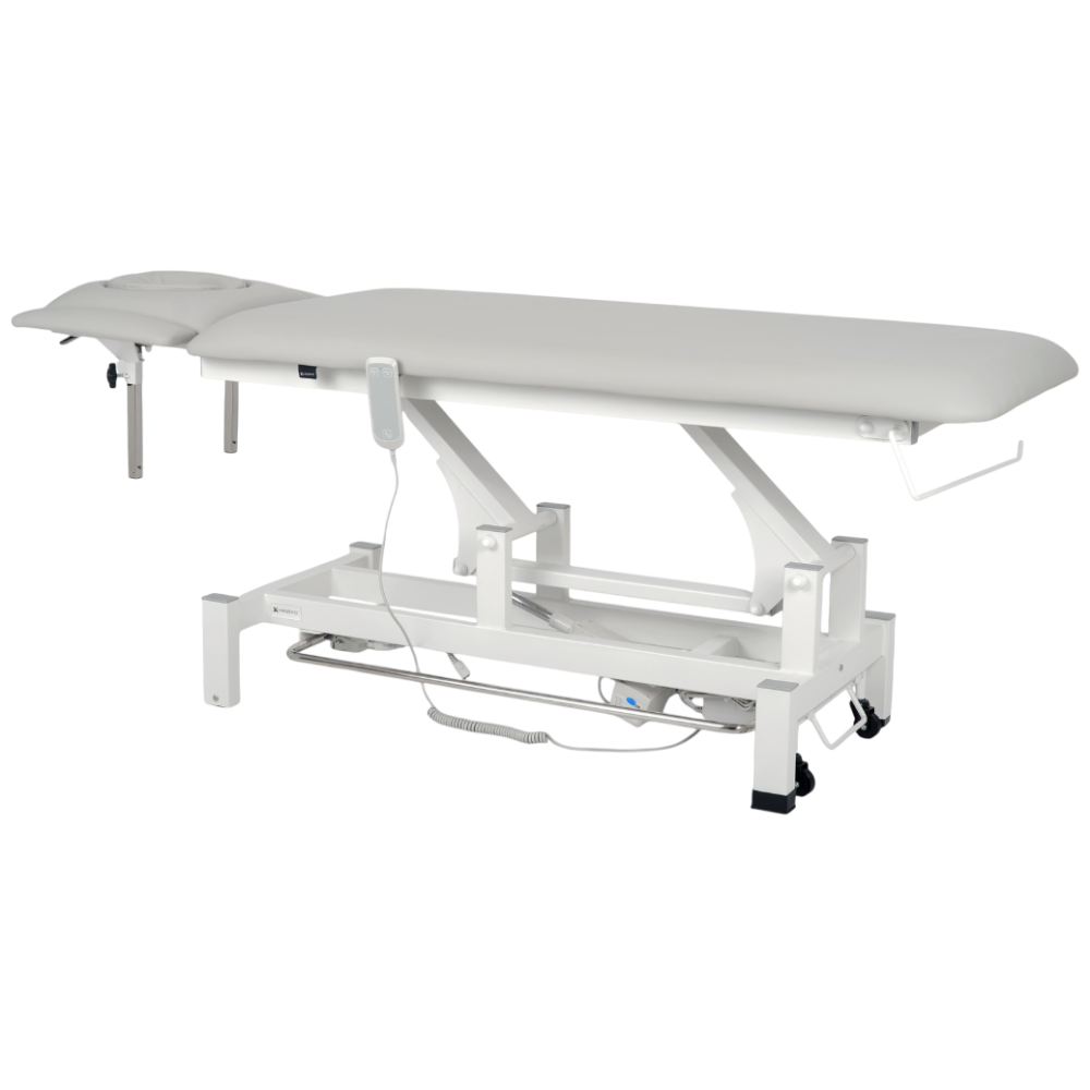 Table de massage électrique fixe blanche avec surface ajustable et repose-tête - Vue isométrique