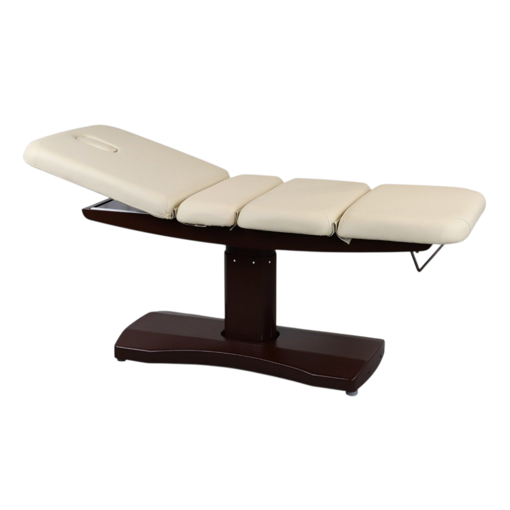 Table de massage électrique fixe avec sections ajustables crème et bois - Vue isométrique