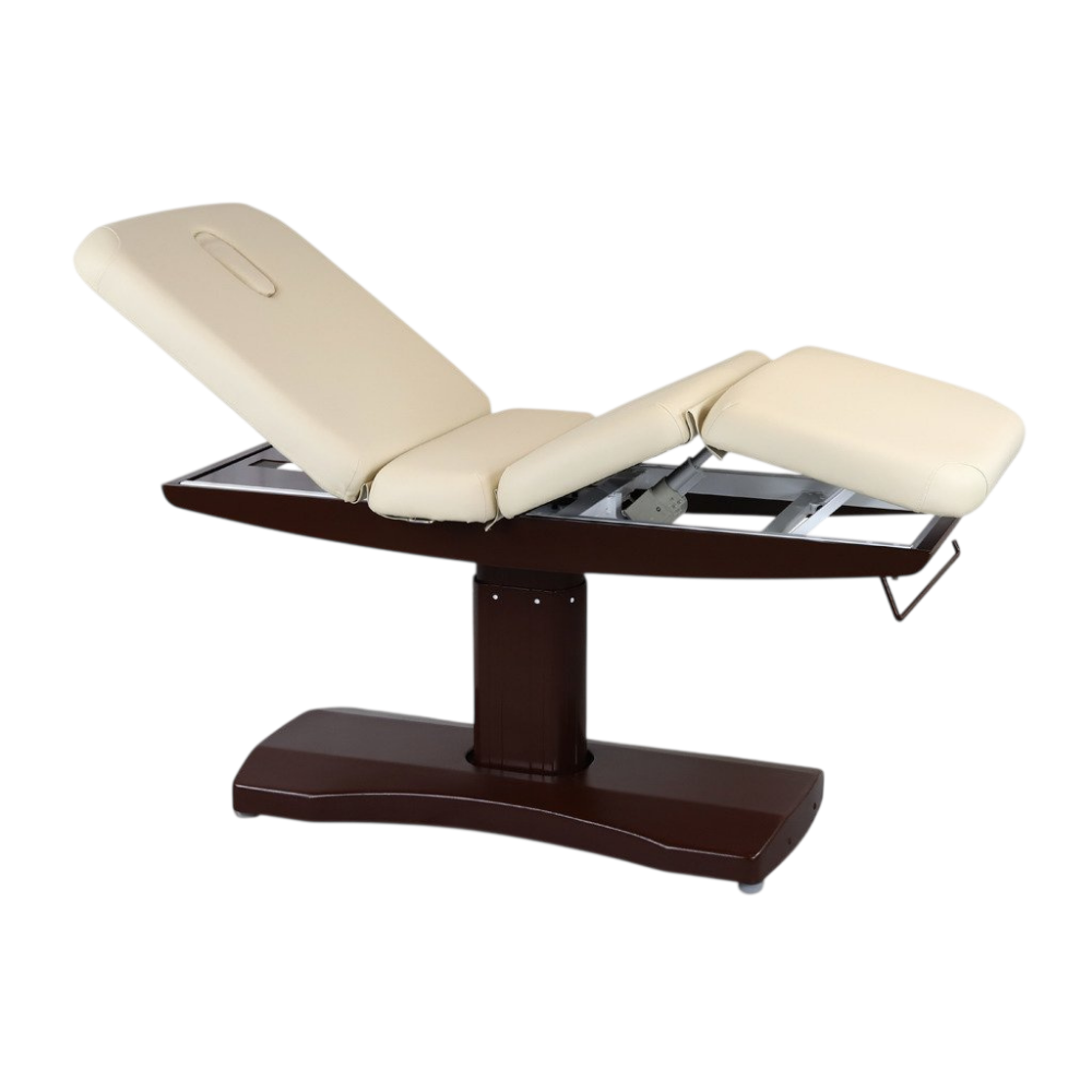 Table de massage électrique fixe avec dossier inclinable crème et bois - Vue isométrique