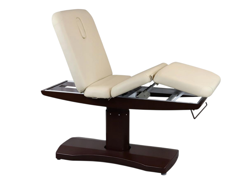Table de massage électrique fixe avec dossier relevé crème et bois - Vue isométrique