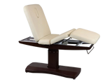 Table de massage électrique fixe avec dossier relevé crème et bois - Vue isométrique