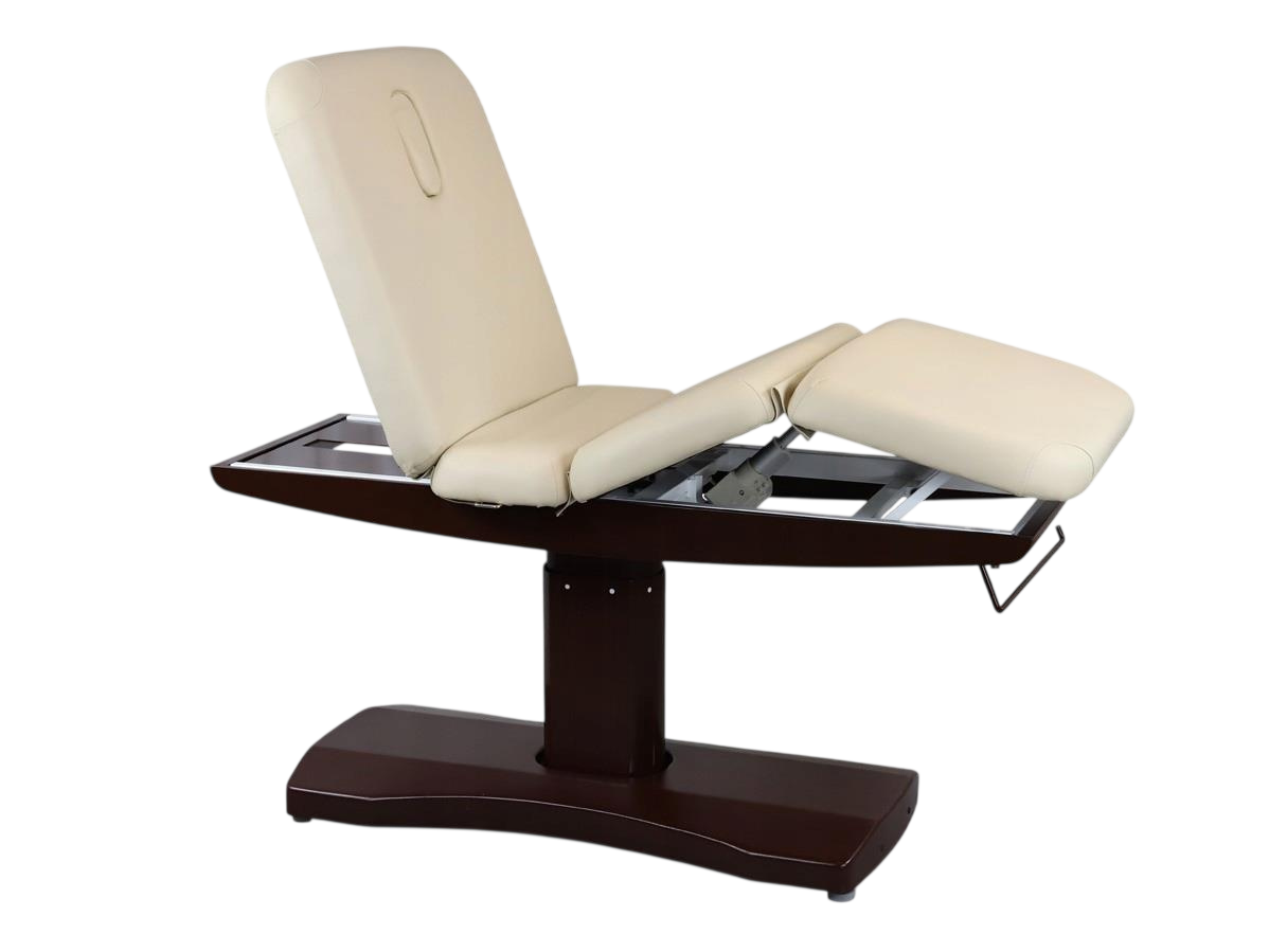 Table de massage électrique fixe avec dossier relevé crème et bois - Vue isométrique