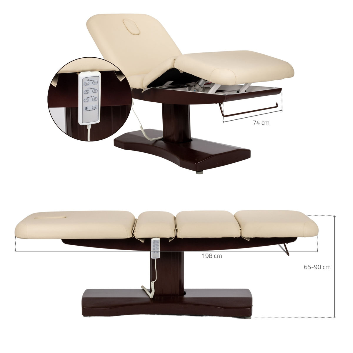 Table de massage électrique fixe crème et bois - Dimensions et télécommande filaire avec détails de profondeur