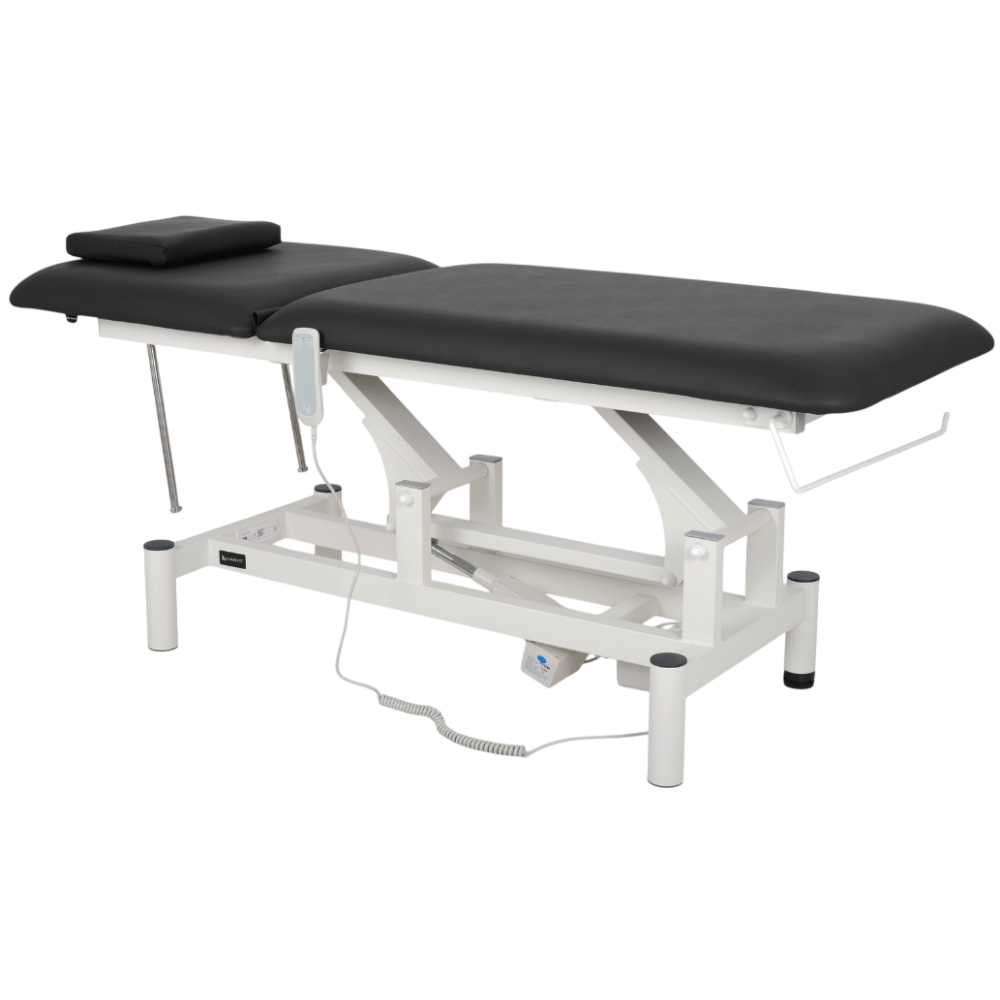 Table de massage électrique fixe avec coussin facial et surface noire ajustable - Vue isométrique