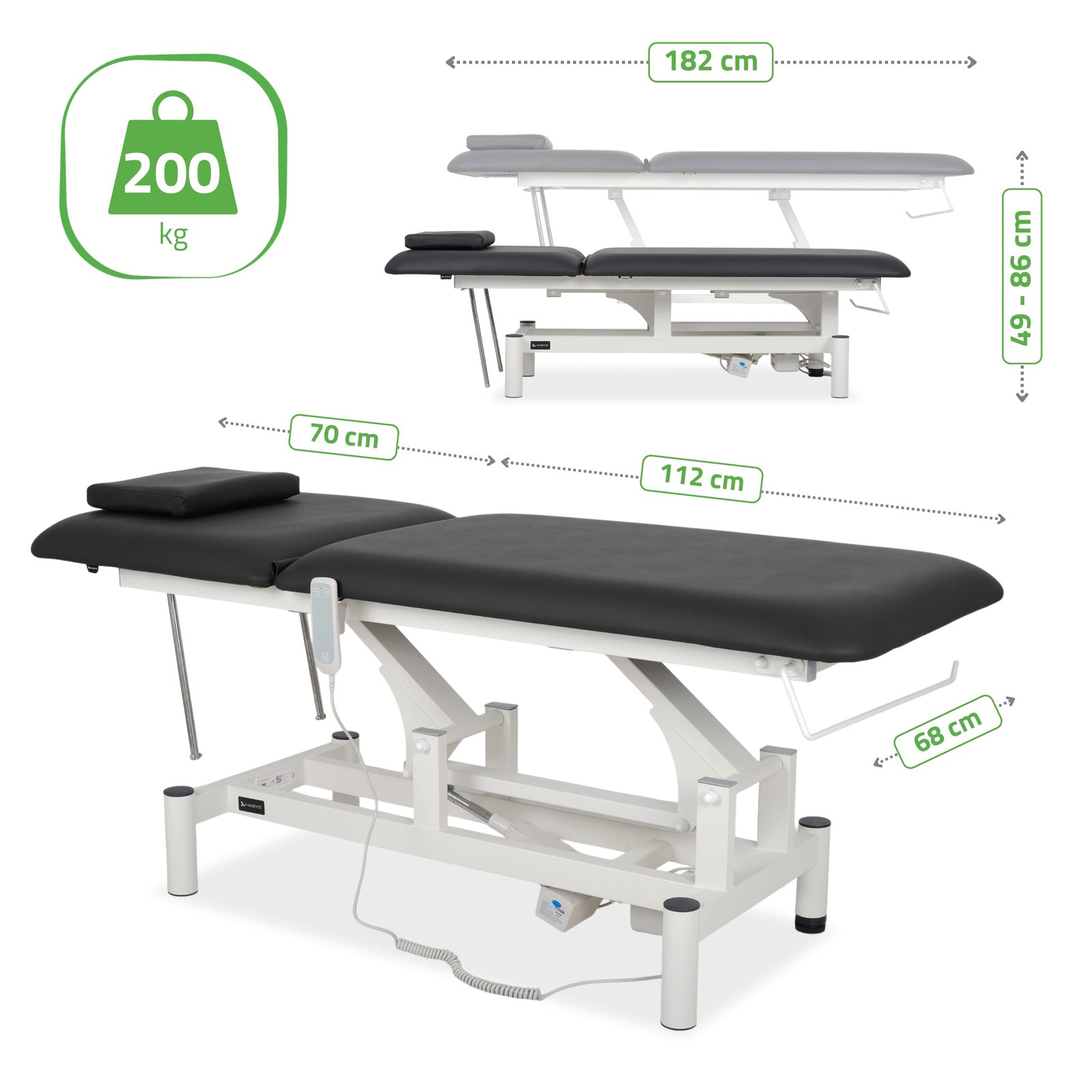 Table de massage électrique fixe - Dimensions et capacité 200 kg avec vue de détail des mesures