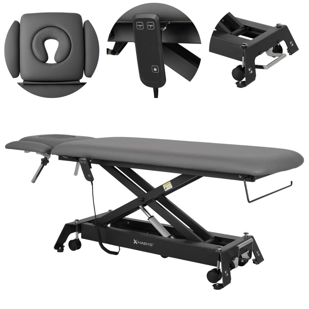 Table de massage électrique fixe grise avec accessoires - Coussin facial, télécommande et porte-rouleau