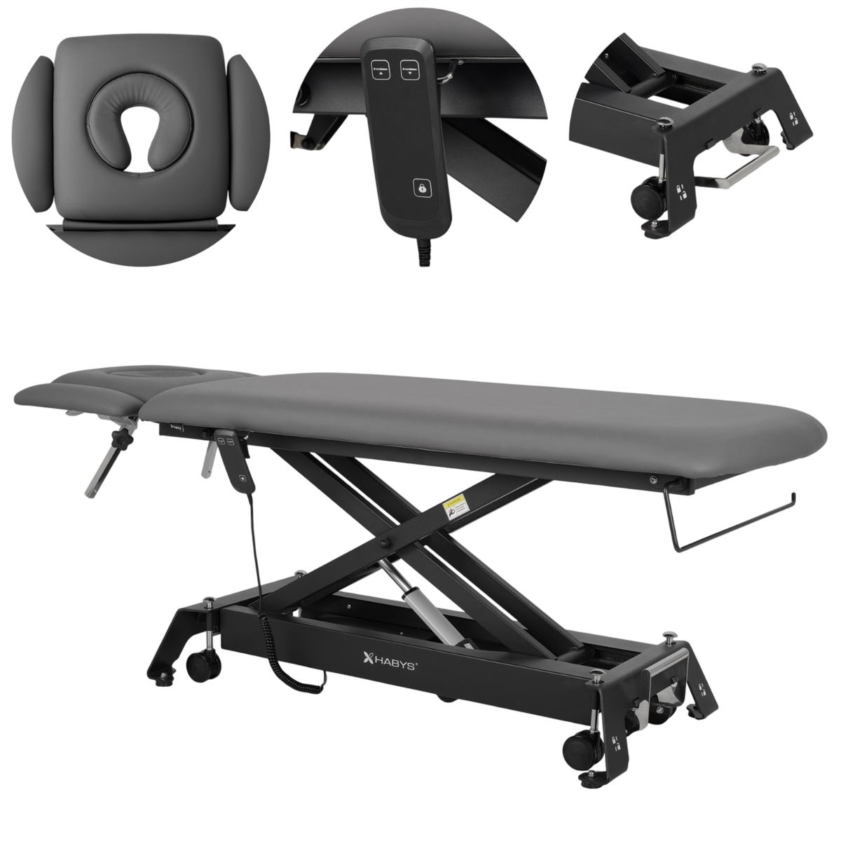 Table de massage électrique fixe grise avec accessoires - Coussin facial, télécommande et porte-rouleau