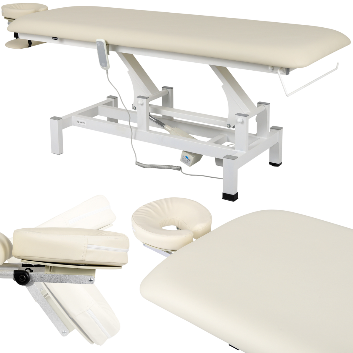Table de massage électrique fixe couleur vanille avec repose-tête ajustable et structure blanche - Vue isométrique avec accessoires