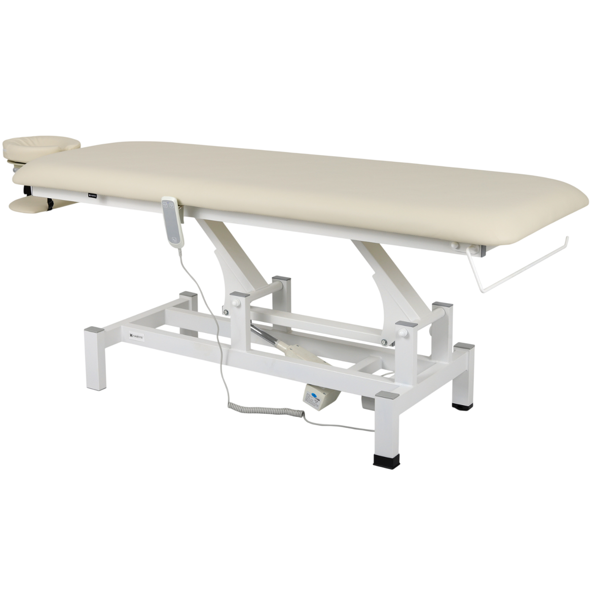 Table de massage électrique fixe couleur vanille avec repose-tête ajustable et structure blanche - Vue isométrique
