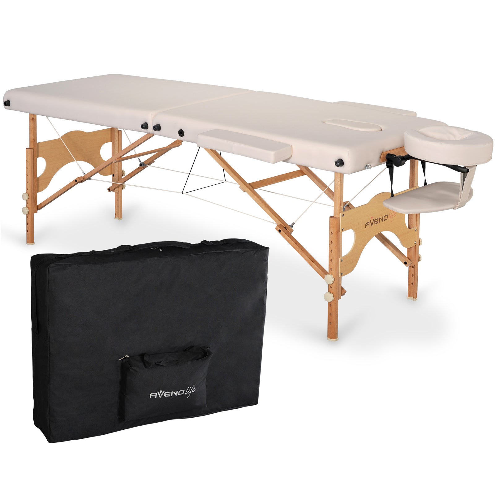 Table de massage pliante beige avec appui-tête et housse de transport noire, structure en bois.