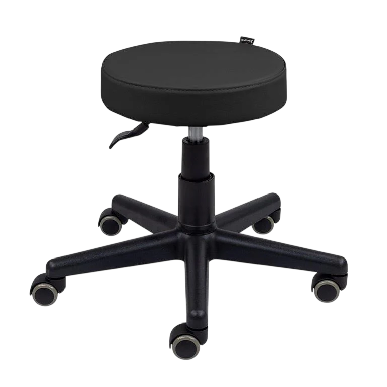 Tabouret professionnel de massage noir avec assise ronde et base à roulettes - Vue isométrique
