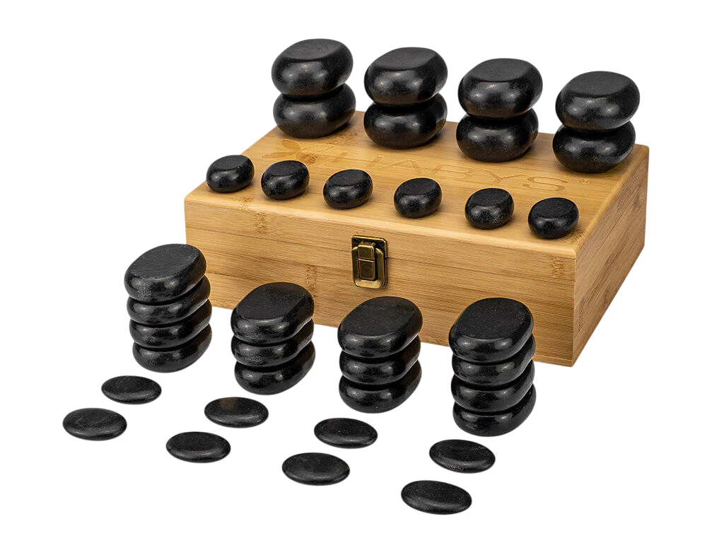Set de pierre 36 pierres chaudes et rangement pour pierres chaudes en bois