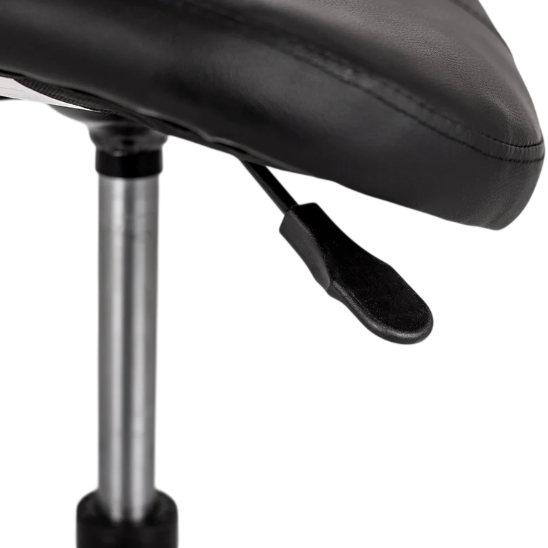 Détail du siège noir avec tige chromée pour tabouret de massage professionnel - Vue de profil