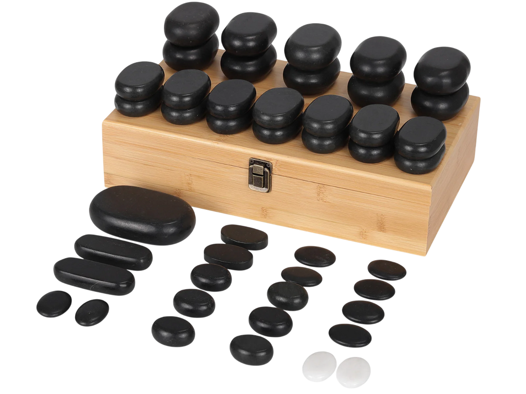 Set de pierre 45 pierres chaudes et rangement pour pierres chaudes en bois