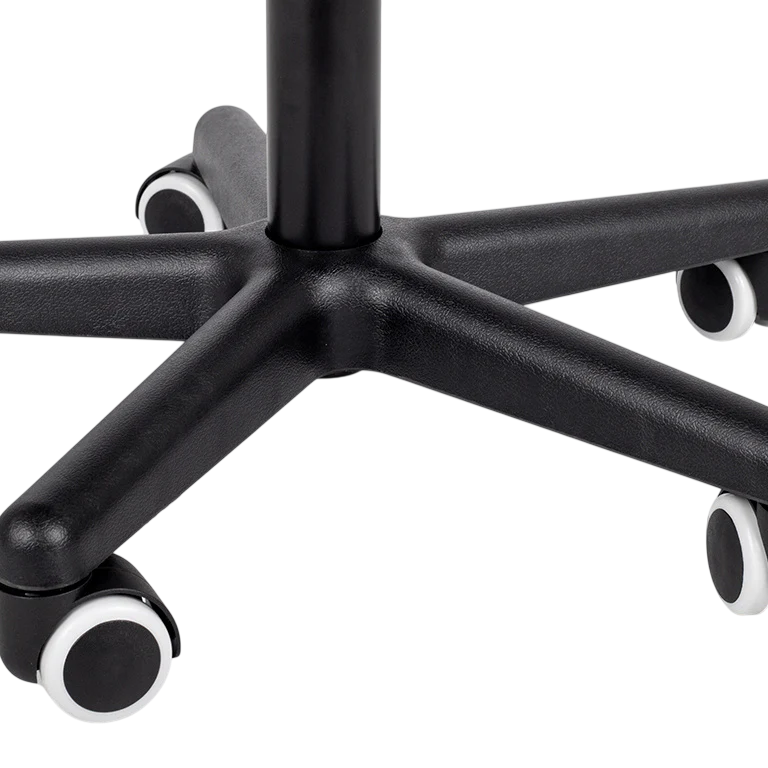 Détail de la base noire avec roulettes blanches pour tabouret de massage professionnel - Structure cinq branches
