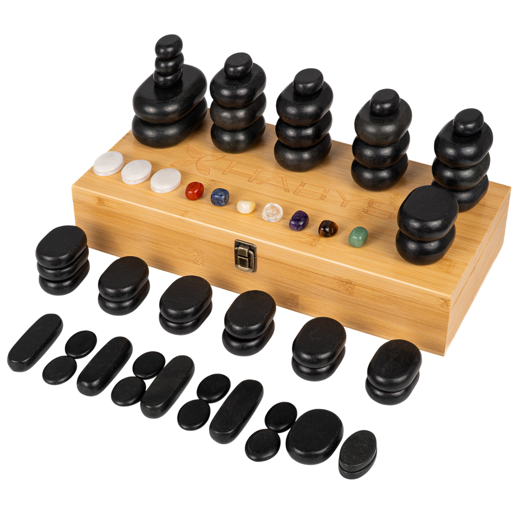 Set de pierre 64 pierres chaudes et rangement pour pierres chaudes en bois