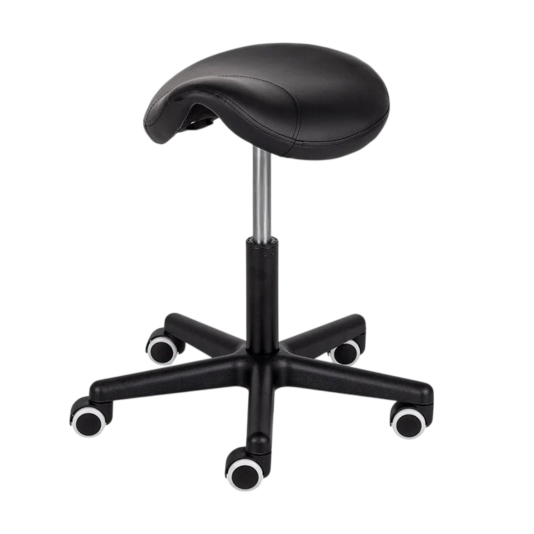 Tabouret professionnel de massage noir avec base à roulettes - Vue isométrique